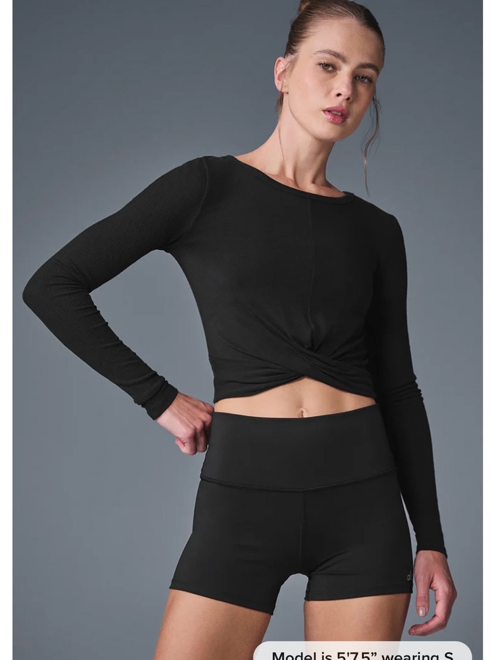 ALO Yoga Black Twist-Front Long Sleeve Crop Top